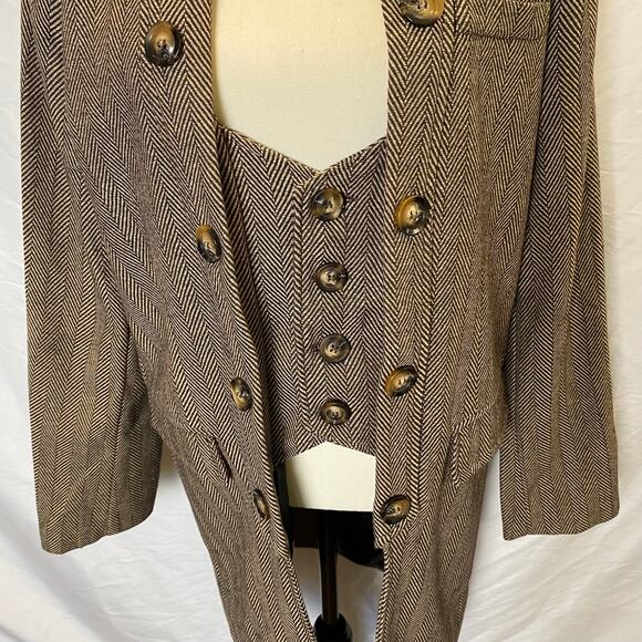 Aowofs Women's Herringbone Long Jacket Coat Size Medium Brown White Neck Strap - Picture 3 of 13